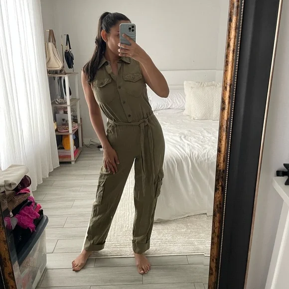 Alice + Olivia Joel Sleeveless Cargo Jumpsuit - Olive Green - Picture 2 of 6